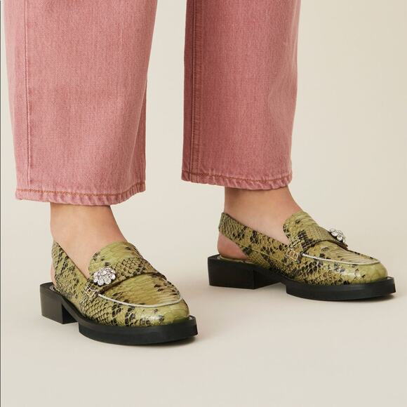 GANNI Slingback Loafers Croc Embossed Olive Green - Picture 1 of 12